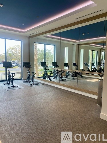 A gym with exercise bikes and mirrors.