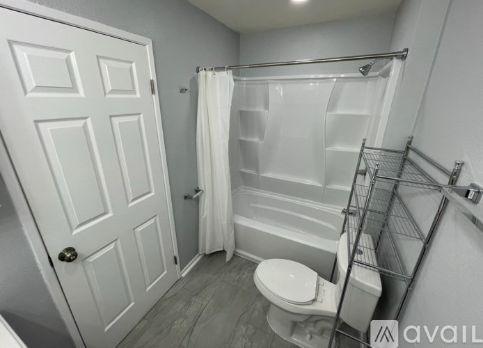 A white bathroom with a toilet, shower, and a door.