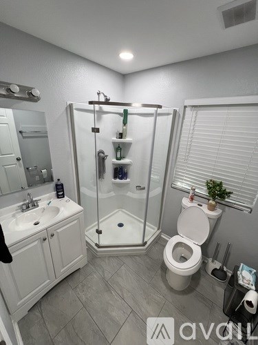 A bathroom with a toilet, sink, and shower.