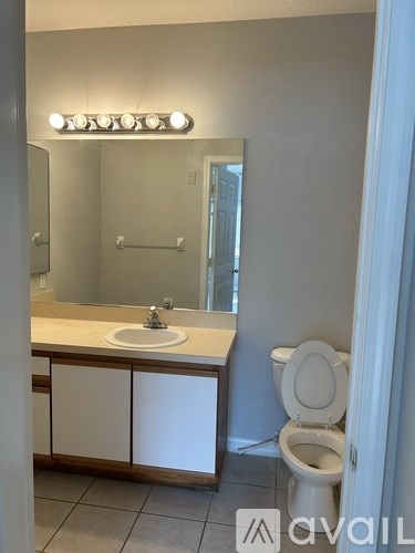 A bathroom with a toilet, sink, and mirror.