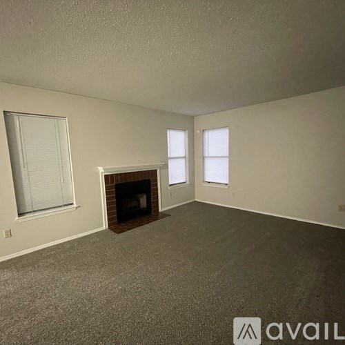 A living room with a fireplace and two windows.