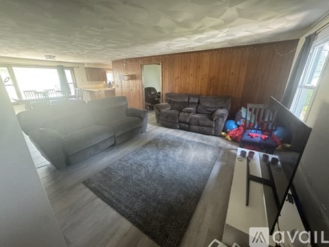 A living room with a grey couch and a grey rug.