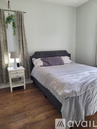 A bedroom with a bed, nightstand, and a hanging plant.
