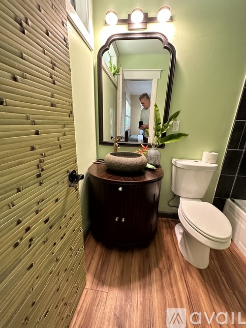 A man is in the mirror in a bathroom with green walls.