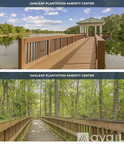 A wooden walkway leads to a gazebo in the Oakleaf Plantation Amenity Center.