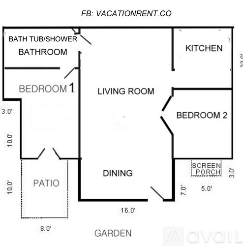 A floor plan for a home with a living room, two bedrooms, a patio, a bathroom, a kitchen, a dining area, and a screen porch.