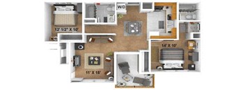 2 Bedroom, 2 Bathroom Floor Plan, 875 Sq.Ft