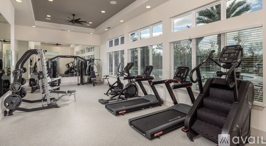 A well-equipped gym with treadmills, elliptical machines, and a weight rack.