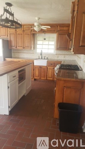 A kitchen with wooden cabinets and a black trash can.