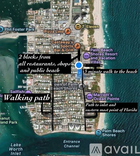A map shows a walking path from Palm Beach Shores to Marriott's Ocean Pointe.
