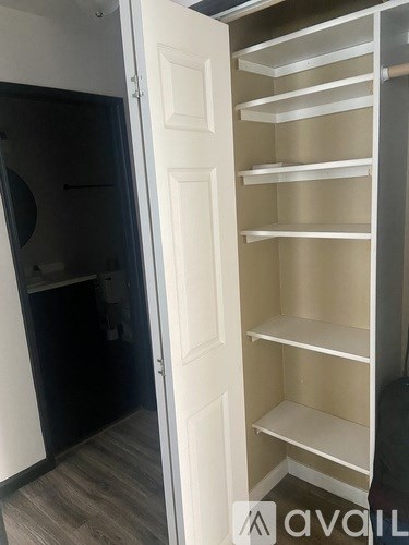 A white pantry door with shelves inside.