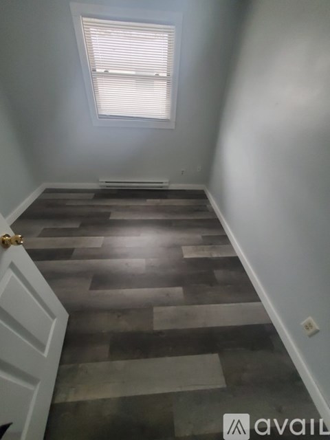 A hallway with a wooden floor and a white door.
