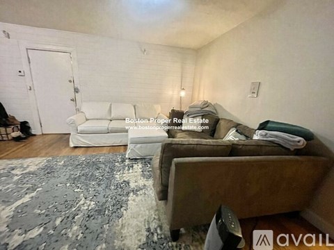 A living room with a white couch and a rug.
