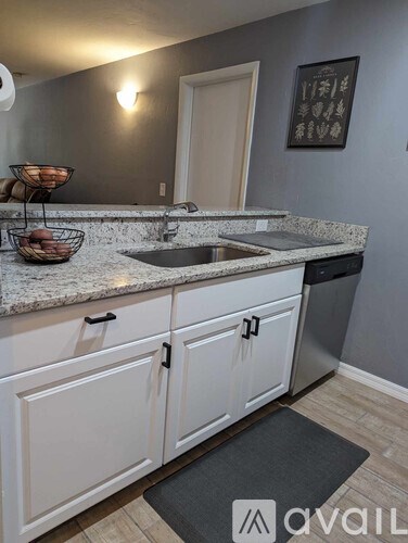 A kitchen with white cabinets and a granite countertop.