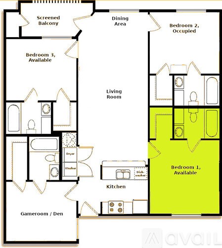 A floor plan of a house with a living room, kitchen, and two bedrooms.