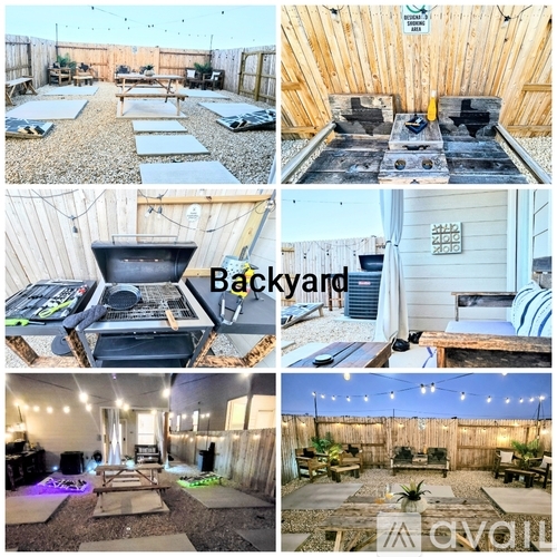 A collage of photos showcasing a backyard with a BBQ, seating area, and outdoor lighting.