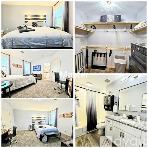 A collage of four different bedroom images with a focus on the beds and bathrooms.