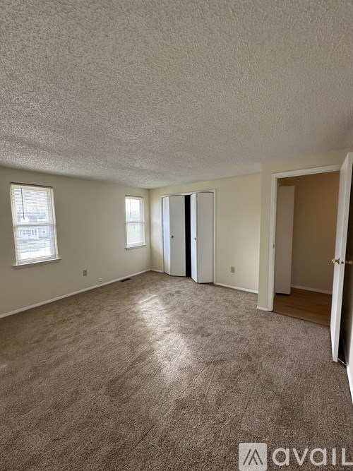 A spacious room with carpeted floor and two windows.