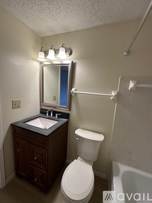 A bathroom with a toilet, sink, and mirror.