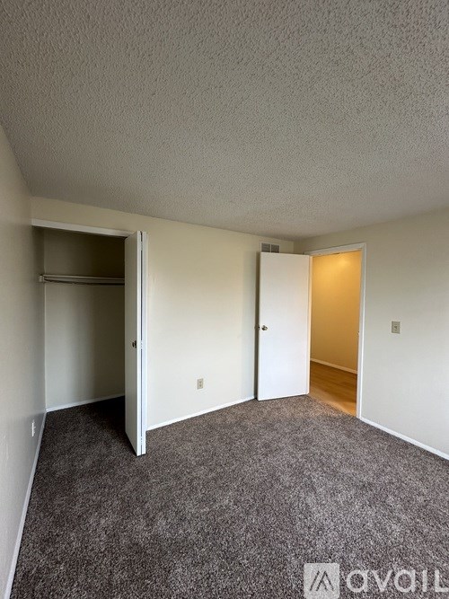 A room with carpeted floor and two doors, one of which is open.