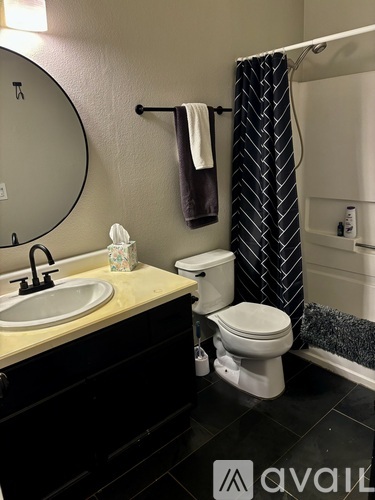 A bathroom with a sink, toilet, and a shower curtain.