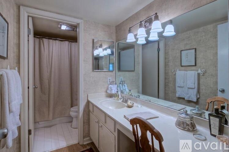 A bathroom with a vanity, a mirror, and a shower.