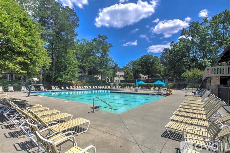 A sunny day at the pool with chairs lined up along the edge.