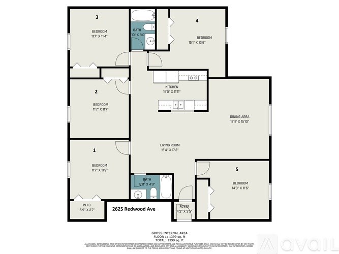 A floor plan of a house with five bedrooms and a garage.