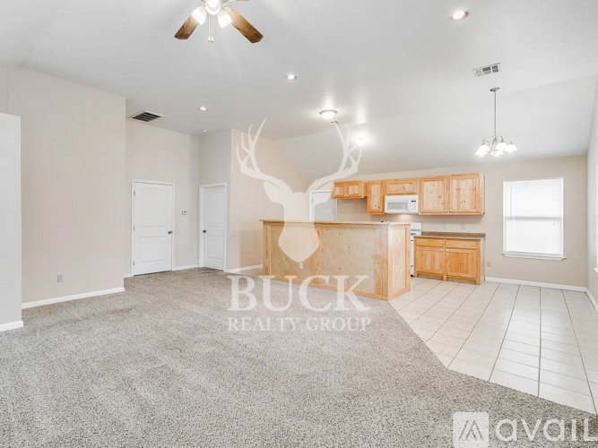 A room with a deer head mounted on the wall and a carpet on the floor.