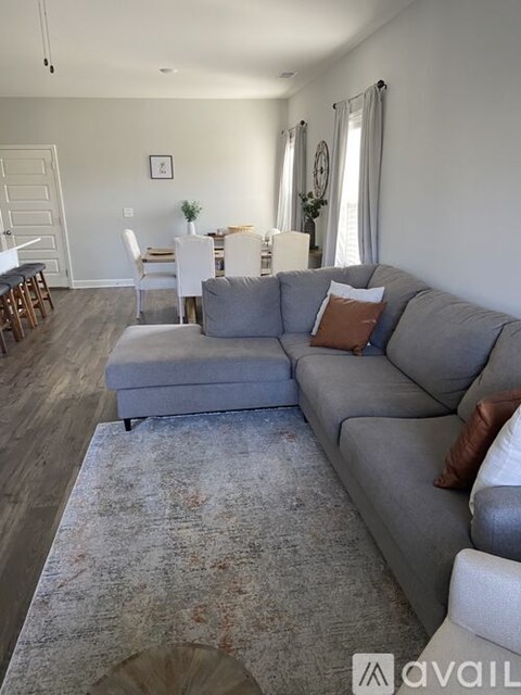 A living room with a grey couch and a rug.