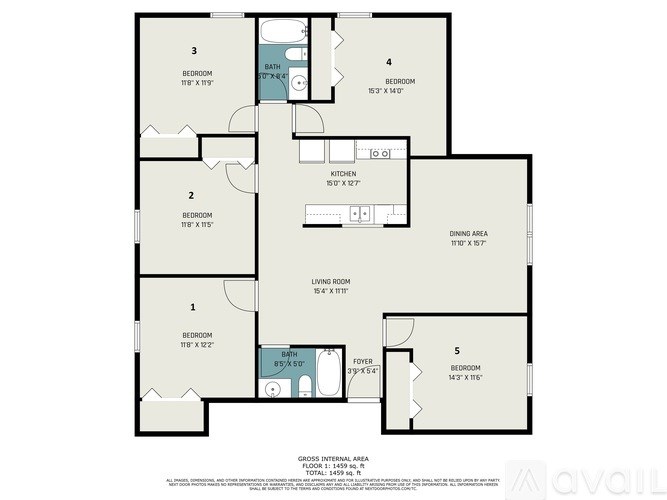 A floor plan of an apartment with five bedrooms and a dining area.
