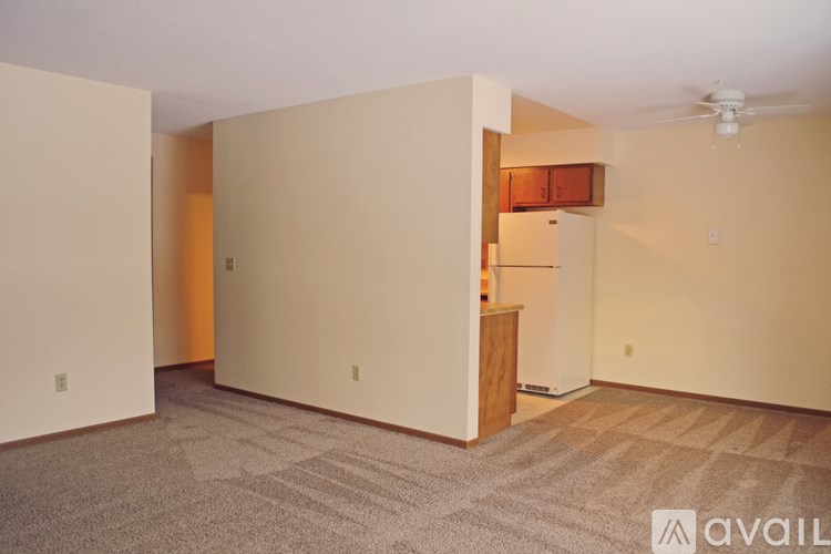 A room with a carpeted floor and a ceiling fan.