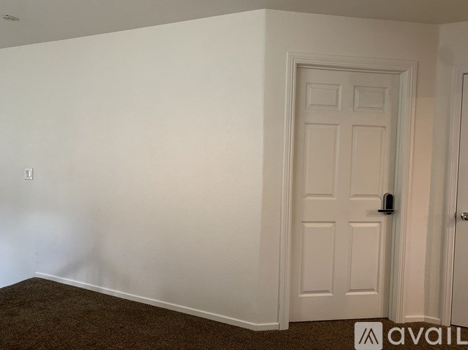A room with a white door and a brown carpet.