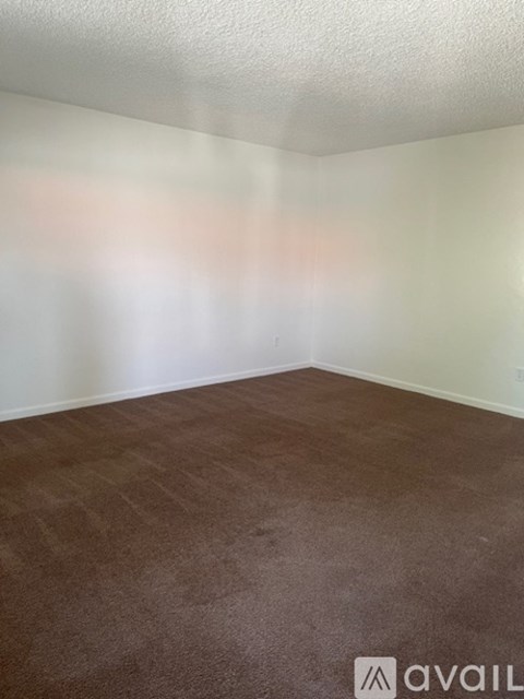 A room with brown carpet and white walls.
