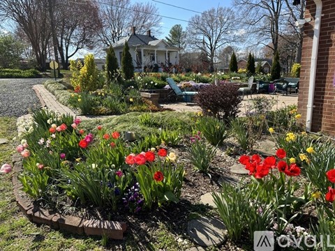 A garden with a variety of flowers in the foreground and a house in the background.