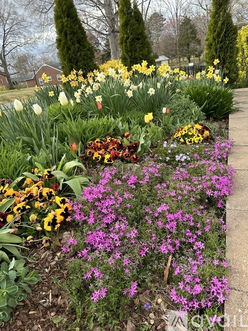 A garden with a variety of flowers in the foreground.