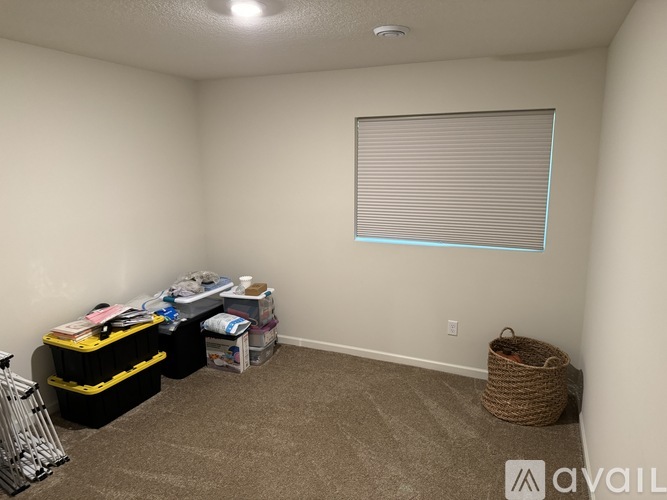 A room with a carpeted floor, a window with blinds, and a basket on the floor.