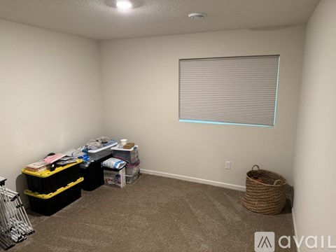 A room with a carpeted floor, a window with blinds, and a basket on the floor.