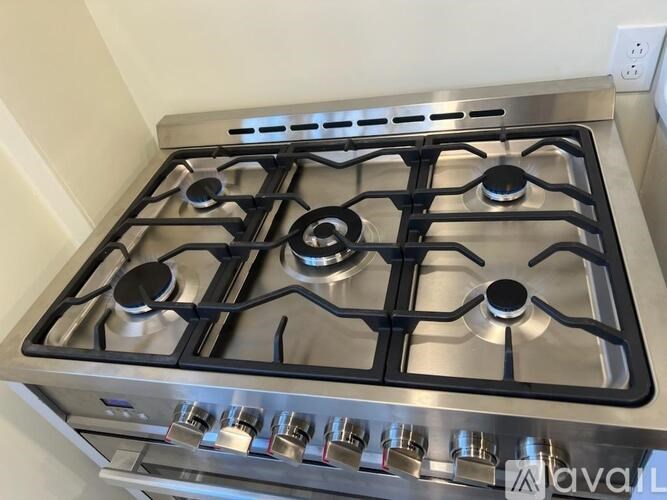 A stainless steel gas stove with six burners and a griddle below.