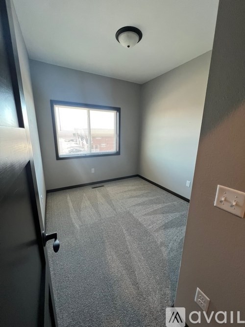 A room with a carpeted floor and a window.