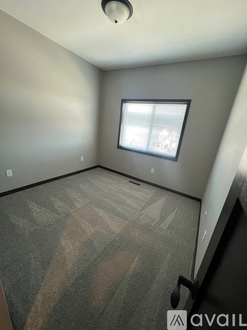 A room with a window and a carpeted floor.