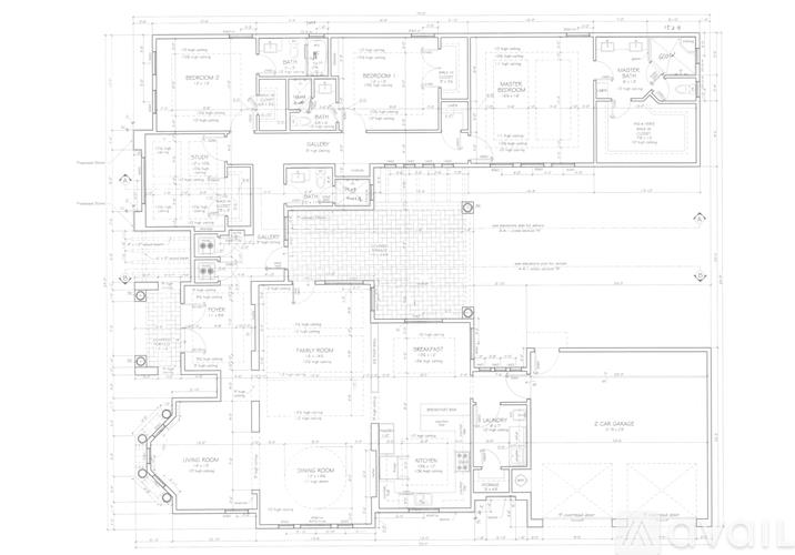 A detailed architectural floor plan of a building with labeled rooms and spaces.