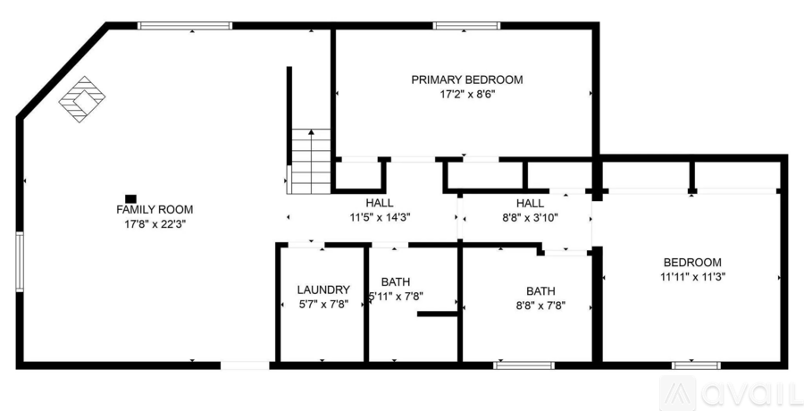 A floor plan of a house with a family room, laundry, two bathrooms, and two bedrooms.
