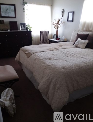 A bedroom with a bed, dresser, and window.