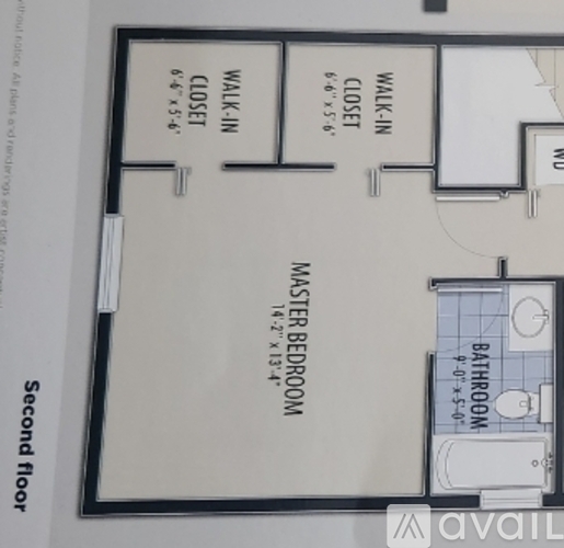 A floor plan of a second floor apartment with a master bedroom and bathroom.