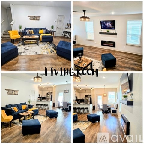 A living room with a blue couch and yellow chairs.