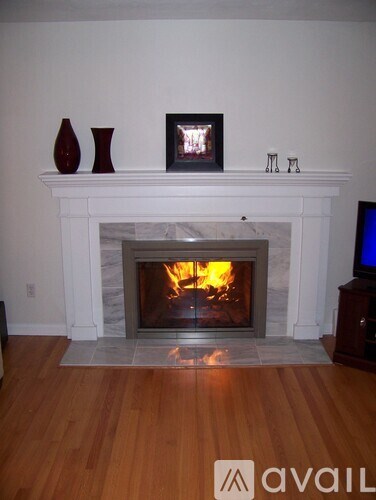 A fireplace with a fire burning inside and a picture frame on top.