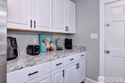 A kitchen with white cabinets and a marble countertop.