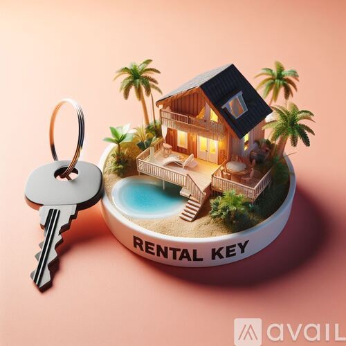 A miniature house with a pool and palm trees is on a keychain labeled "RENTAL KEY".