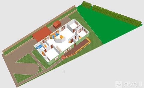 A 3D model of a house with a red roof and a green lawn.